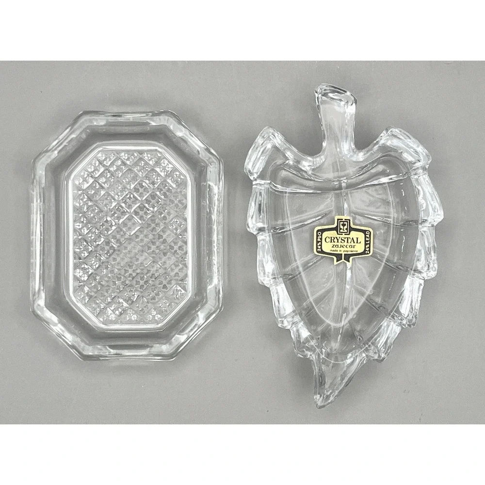Crystal Zajecar 24% Lead Crystal Leaf Dish‎ Diamond Cut Trinket Set Yugoslavia